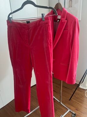 J. Crew Bright Pink Velvet Two-Piece Pantsuit Blazer & Trousers